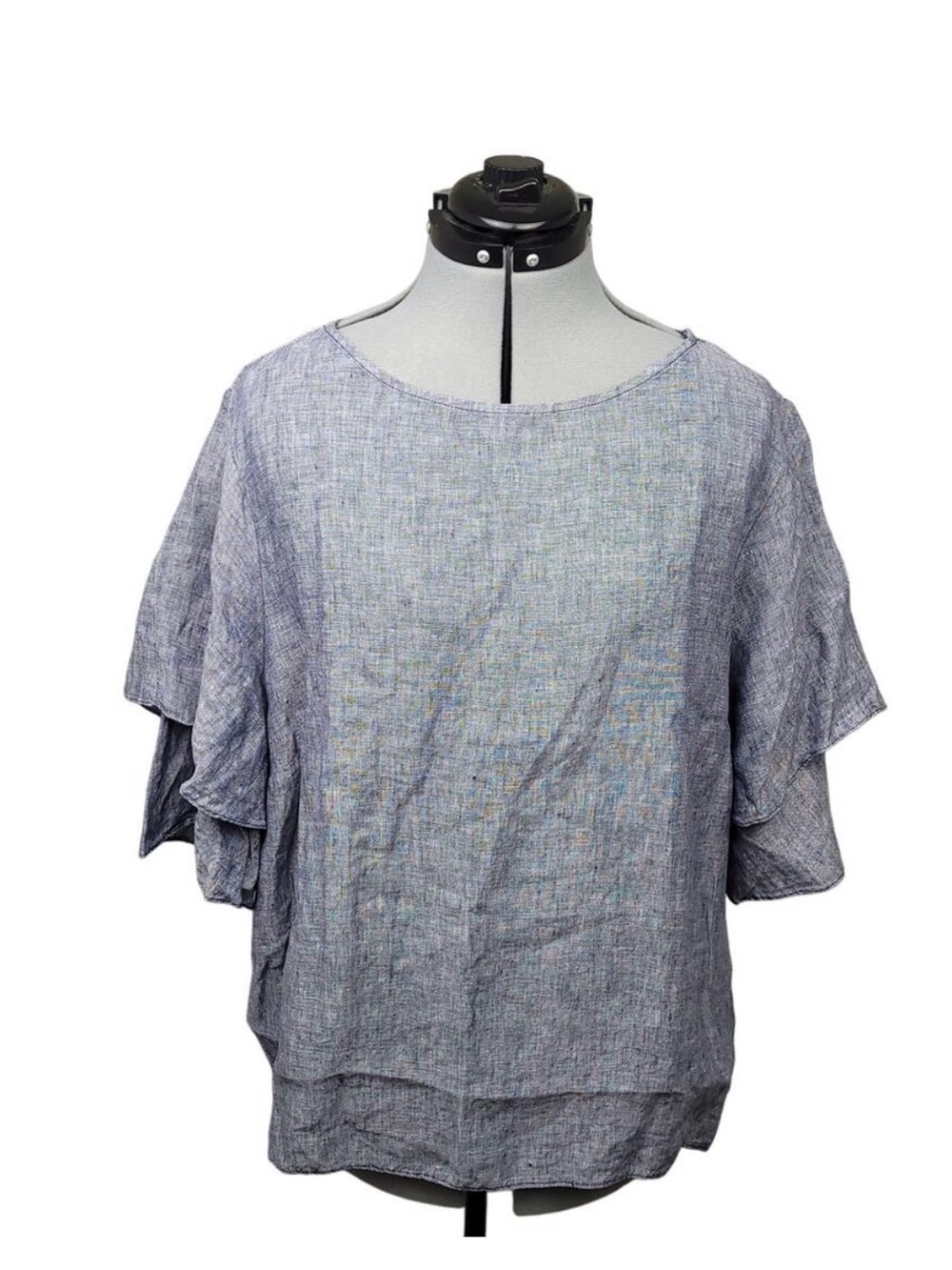 Lord & Taylor 100% Linen Blue Tiered Ruffle Sleeve Blouse